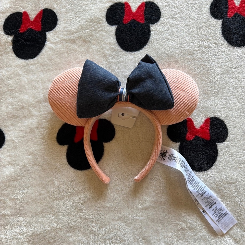 Disney Minnie Mouse Ears Headband Peach Corduroy Navy Blue Bow NWT - AC1605